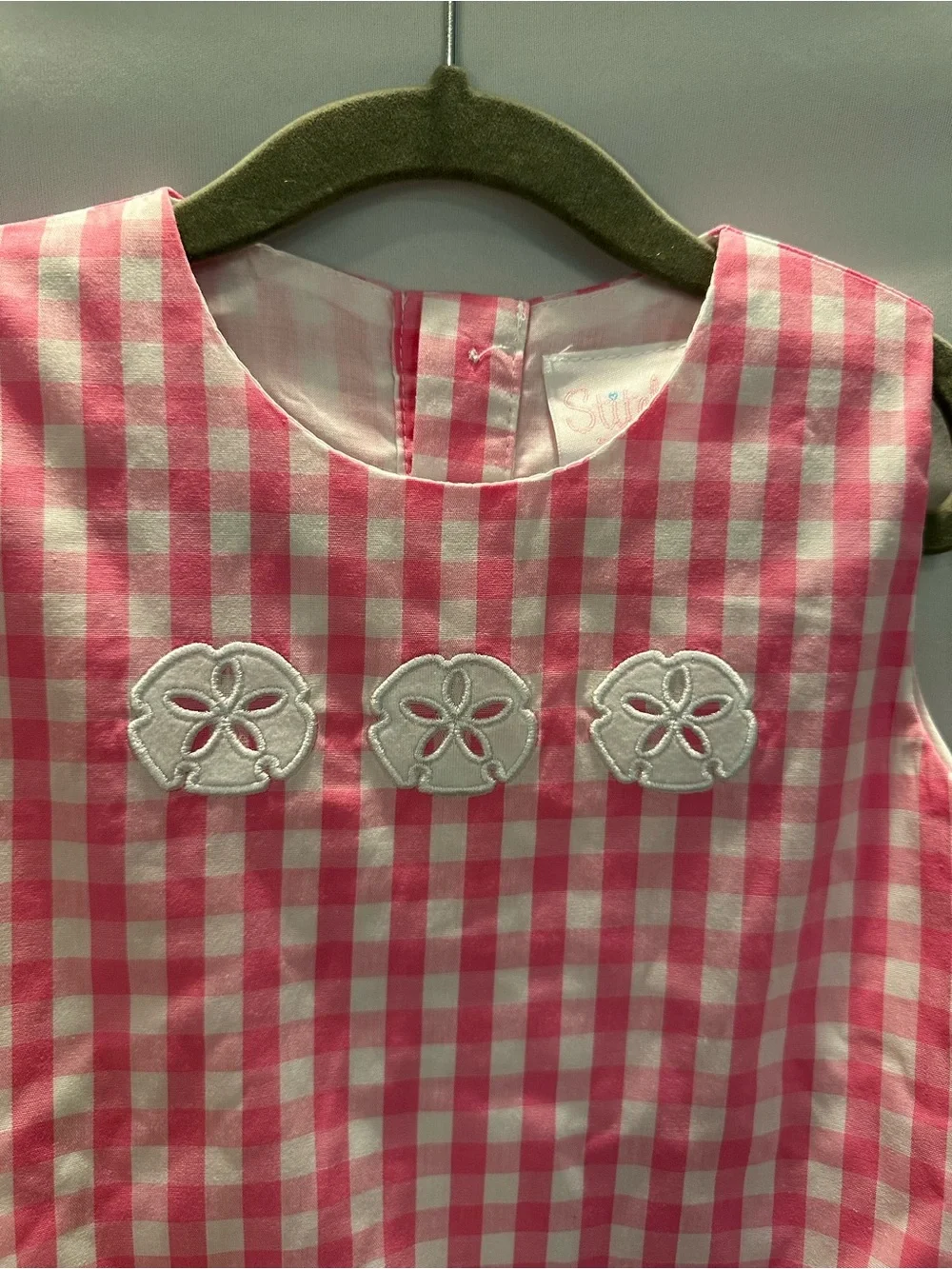 Pink Gingham Baby One-Piece Romper Dress with Floral Appliqués